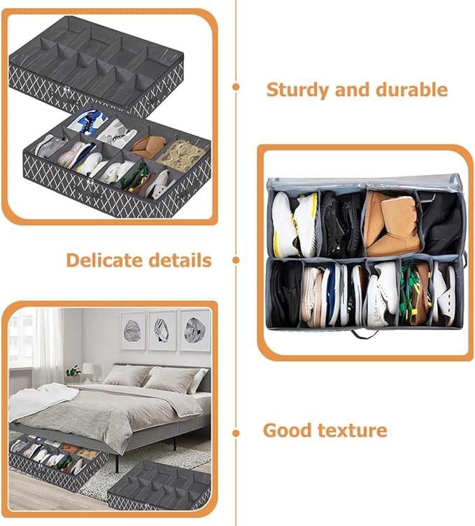 BESPORTBLE Foldable under Bed Shoe Storage Box, Multi-grid Non-woven Fabric Organizer, Space-saving Shoe Container for Closet and Bedroom