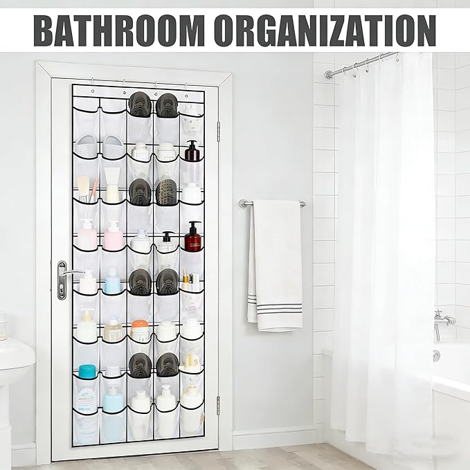 Over the Door Shoe Organizer, 40 Large Mesh Pockets Hanging Shoe Rack for Door, Space Saving Shoe Storage Organizer for Closet, Bedroom, Entryway, White