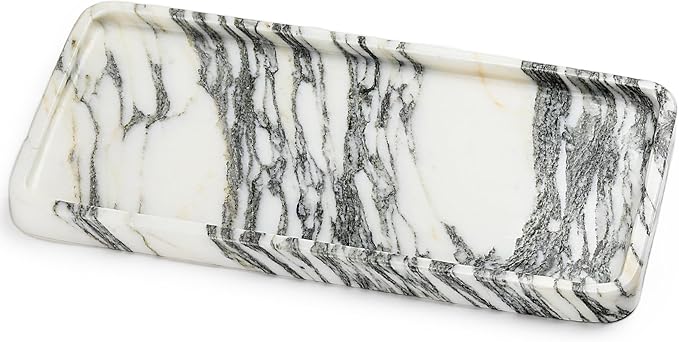 Natural Marble Vanity Tray - Moujings Genuine Marble Perfume Tray for Bathroom Decor, Stone Bathroom Vanity Organizer Tray for Kitchen Counter, Candles, Jewelry, Coffee, Makeup, Key