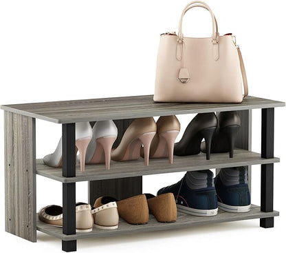 Furinno Turn-N-Tube Shoe Rack, 3-Tier Shoe Organizer, Shoe Storage with Compact Open Shelves, 15.5 x 31.5 x 15.7, for Closet Entryway, Office, Garage, French Oak/Black