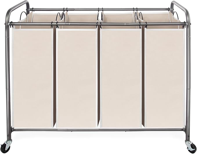 STO STO Laundry Sorter 4 Section, 4 Bag Clothes Hamper, Rolling Laundry Cart Basket with Heavy Duty Lockable Wheels and Removable Bag for Laundry Room, Bedroom, Closet, Beige