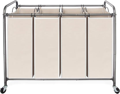 STO STO Laundry Sorter 4 Section, 4 Bag Clothes Hamper, Rolling Laundry Cart Basket with Heavy Duty Lockable Wheels and Removable Bag for Laundry Room, Bedroom, Closet, Beige