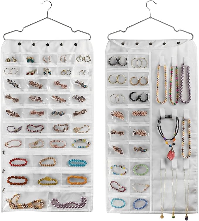 BB Brotrade Hanging Jewelry Organizer,Accessories Organizer,56 Pocket Organizer for Holding Jewelries (White-56 Pockets)