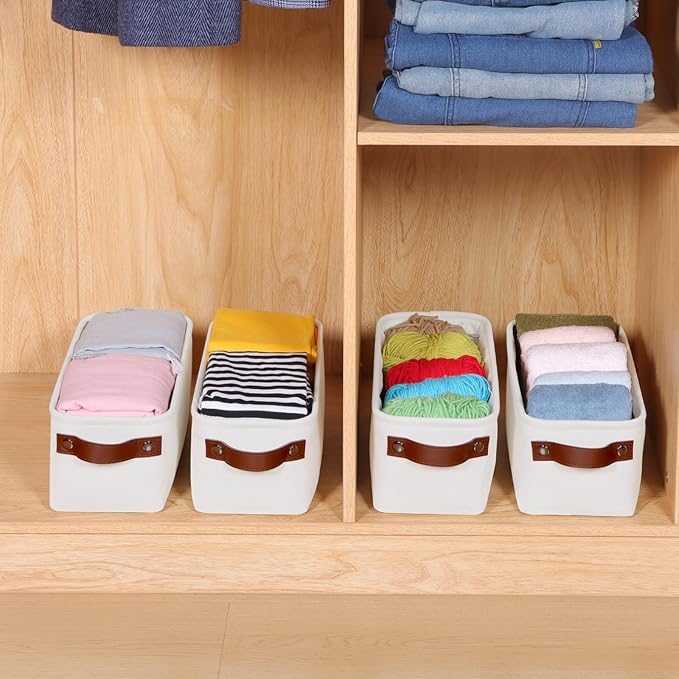 Small Fabric Storage Bins, 15x6x5 inch Narrow Storage Baskets 4-Pack Long Storage Basket for Organizing with Handles, Decorative Basket for Closets, Shelves, Toilet Paper, Off White