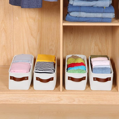 Small Fabric Storage Bins, 15x6x5 inch Narrow Storage Baskets 4-Pack Long Storage Basket for Organizing with Handles, Decorative Basket for Closets, Shelves, Toilet Paper, Off White
