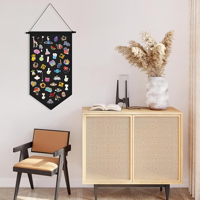 Kunyeah Wall Hanging Brooch Organizer Storage Case Colorful Canvas Pin Board Stand Enamel Pin Badge Hanging Holder Display Banner Earrings Collection Holder - Pins No Included (Black)