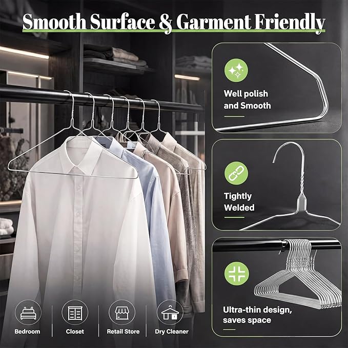 50 Pack Wire Metal Clothes Hangers 16 Inch Thin Hangers for Suits Coats Shirts Pants, Skirts, Space Saving Non Slip, 13 Gauge Silver, for Closet Organization