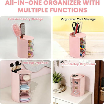 3-Tier Hair Accessories Organizer with Hair Brush Holder, Rotatable Makeup Brush Holder for Necklaces, Earring, Bracelet, Ring, Makeup Brushes, Hair Clip and Hair Accessories(Pink)