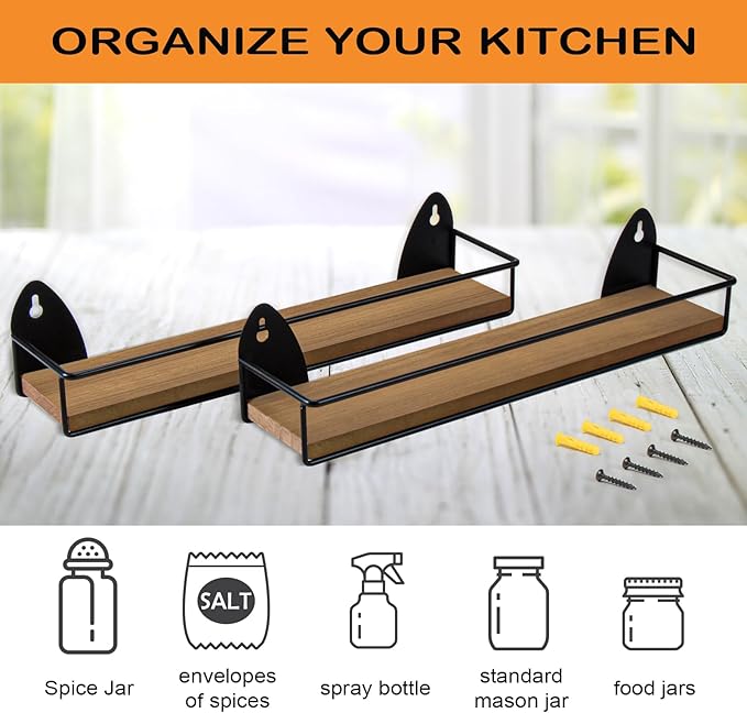 TJ.MOREE 2 Pack Spice Rack Wall Mount Rustic Style Hanging Spice Organizer for Wall, Kitchen Spice Storage