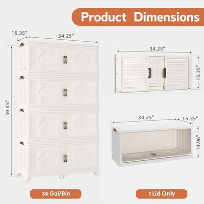 Stackable Storage Bins with Lid & Wheels, 136 Gal/544 Qt Clover Extra Large Plastic Storage Containers, Foldable Collapsible Organizer Box for Garage, Pantry, Closet (4-Pack, Cream White)