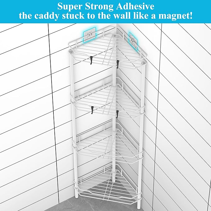 HuggieGems 4 Tier Floor Standing Corner Shower Caddy Organizer Shelf with Hooks, Bathroom Shelves Stand Rack, White
