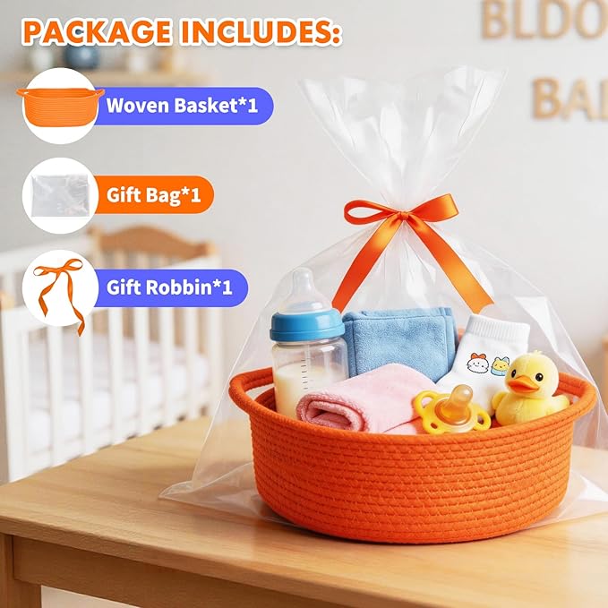 ShellKingdom Storage Basket with Handles, Empty Gift Basket with Gift Bags and Ribbon, Small Woven Baskets for Home, Nursery Storage Organizer, 12 X 8 X 5 INCH, Orange