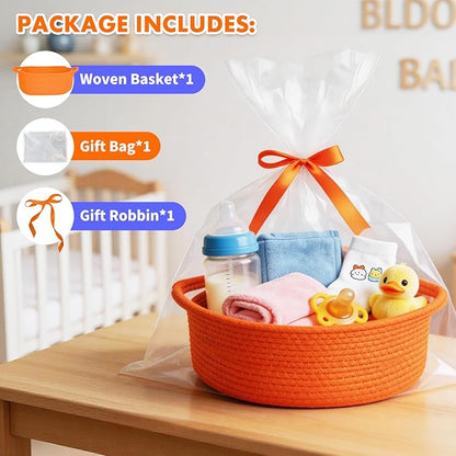 ShellKingdom Storage Basket with Handles, Empty Gift Basket with Gift Bags and Ribbon, Small Woven Baskets for Home, Nursery Storage Organizer, 12 X 8 X 5 INCH, Orange
