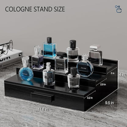 Walnut Wood Cologne Organizer for Men,3 Tier Cologne Stand,Cologne Shelf Display Holder,Perfume Stand Organizer with Hidden Compartment and Drawer,Great Gift for Men,Black