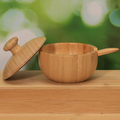 Bamboo Salt Bowl with Lid and Spoon, Small Wooden Spice Cellar for Storing Salt/Pepper/Herbs, Mini Rustic Seasoning Container Holder for Kitchen Countertop, 1/4 Cup Capacity