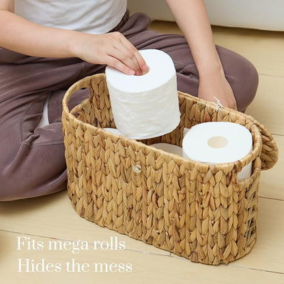 YANGQIHOME Toilet Paper Storage, Water Hyacinth Toilet Paper Storage with Lid, Papers Container for up to 6 Mega Rolls, Bathroom Basket Organizer