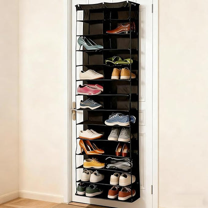 Over The Door Sweatshirt Organizer, Hoodie Organizer For Closet, 26-Pocket Hanging Clear Door Shoe Organizers, Portable Hoodie Storage Organizers - Large 63" x 22" Foldable (Black)