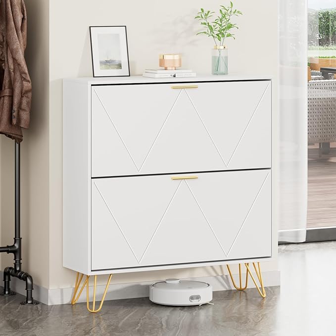 JOZZBY Shoe Cabinet for Entryway Slim Set of 2, White Shoe Cabinet with 2 Flip Drawers, Narrow Shoe Storage Cabinet, Slim Shoe Rack for Entryway, Hallway, Living Room