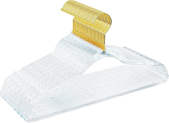 50 Pack Clear Plastic Hangers with Blue Glitter, Acrylic, Ultra Slim, Space Saving, for Coats, Pants, Suits, Shirts, Skirts, Dress Clothes