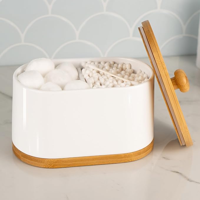 DAILY RITMO® Large White Cotton Swab & Ball Holder Dispenser | Two Sided Dual Compartment Container with Air Tight Seal Bamboo Lid |Decorative Facial Sponge Gauze Floss Rounds Canister