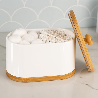 DAILY RITMO® Large White Cotton Swab & Ball Holder Dispenser | Two Sided Dual Compartment Container with Air Tight Seal Bamboo Lid |Decorative Facial Sponge Gauze Floss Rounds Canister