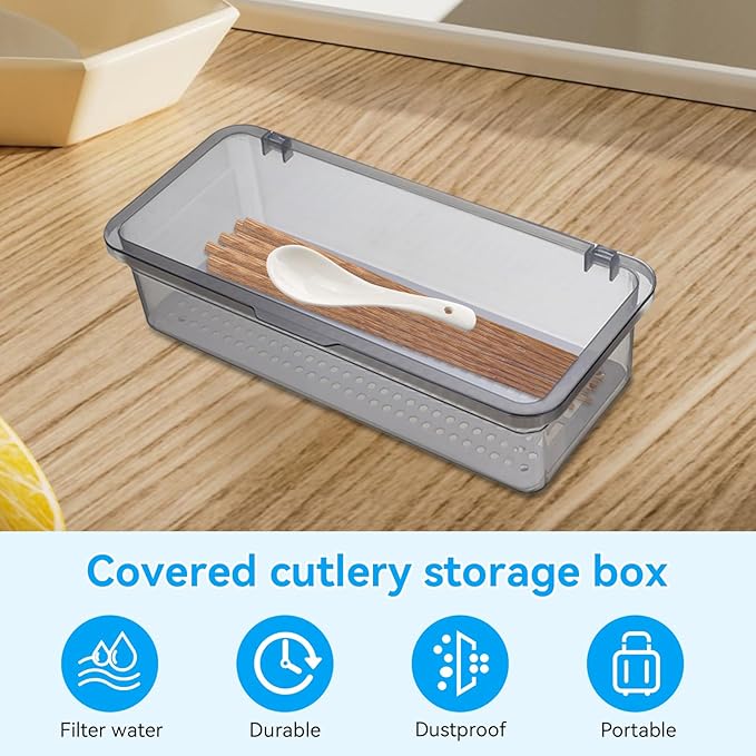 2PCS Silverware Organizer with Lid, Silverware Tray with Drainer Kitchen Cutlery Tray and Utensil Storage Container to Keeps Your Cutlery Organized (Grey)