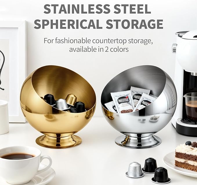 Coffee Pod Holder - Large Capacity Metal K Cup serve for Nespresso Pod Storage Container with Silver Finish, Multi-Use Creamer & Candy Bowl for Countertop, Coffee Bar Accessories(Silver)
