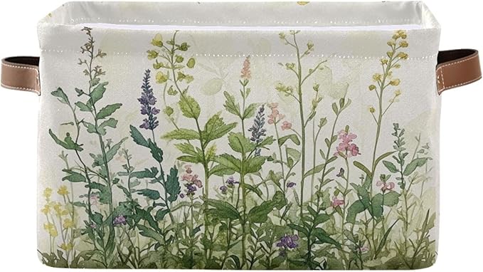 Spring Herbs Storage Basket Decorative Summer Fabric Baskets Bins Foldable Shelf Closet Baskets Storage Box Cube With Handle Organizer Basket For Kids Toys Clothes Bedroom Nursery