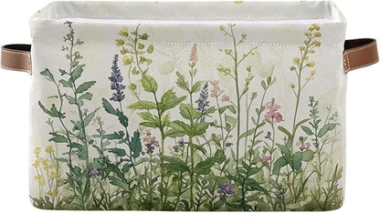 Spring Herbs Storage Basket Decorative Summer Fabric Baskets Bins Foldable Shelf Closet Baskets Storage Box Cube With Handle Organizer Basket For Kids Toys Clothes Bedroom Nursery