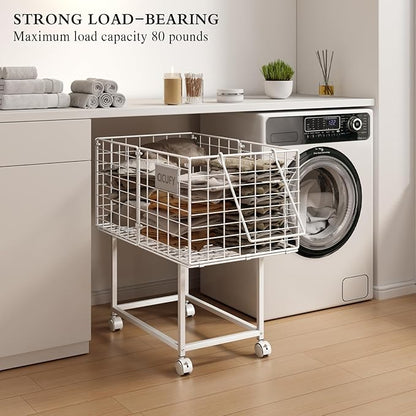 CICUFY Rolling Laundry Cart, 80L Wire Laundry Hamper Basket on Wheels, Dirty Clothes Basket with Handle, Metal Clothes Hamper Organizer for Laundry Room, Bathroom, Bedroom, Dorm, White