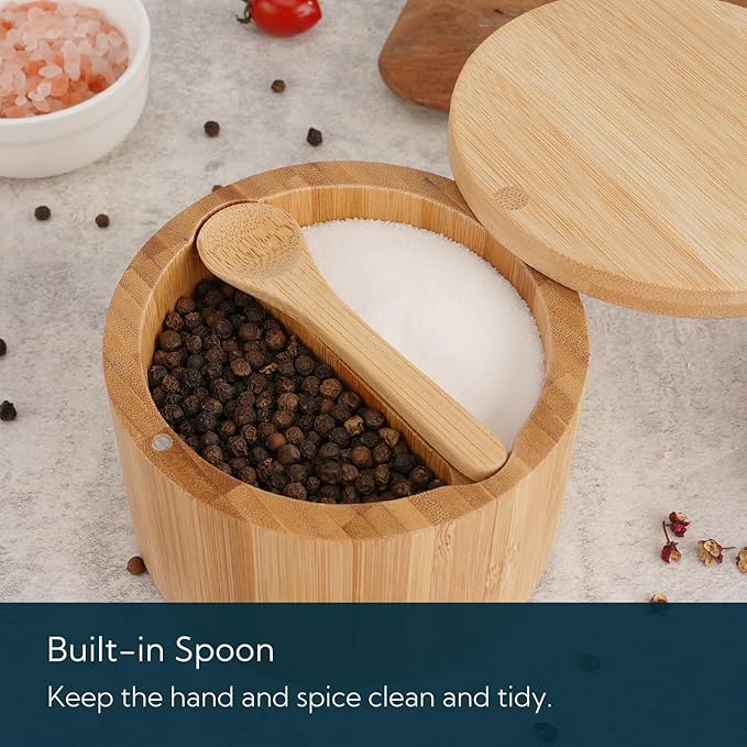 KITCHENDAO Bamboo Salt and Pepper Bowl Box Cellar, Built-in Spoon, Two Compartments Spice Seasoning Container, Sea Salt Cellar Holder, Magnetic Swivel Lid, Dual 5oz Capacity