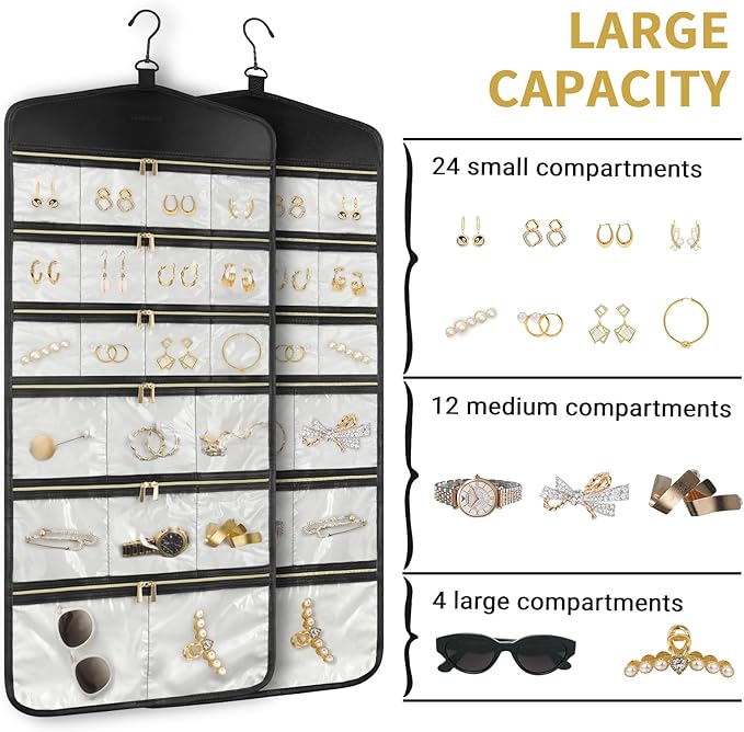 CHICECO Hanging Jewelry Organizer With Zippered Pockets,40 Pockets Travel Jewelry Organizer Storage for Cloest,Wall,Door