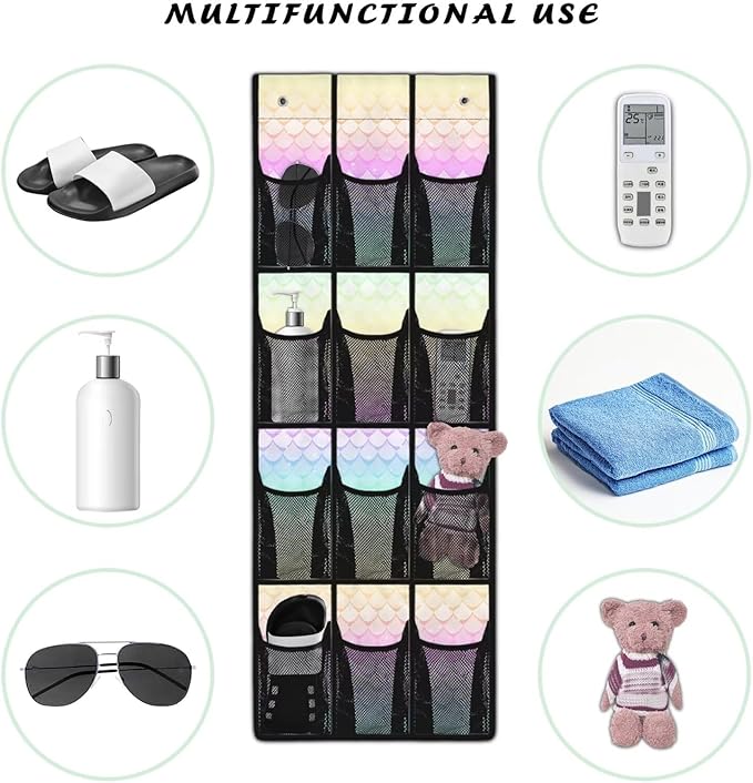 Mermaid 12 Pocket Over the Door Shoe Organizer,Reusable Breathable Large Mesh Bag Men's & Women's Sneaker Organizer,Shoe Organizer for Kids,Hanging Shoe Storage Hanging Bag