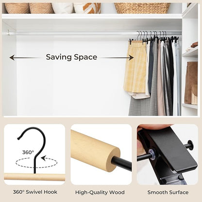 StorageWorks Pants Hangers with Clips, Wooden Clothes Hanger for Skirts, Jeans, Shorts, 10 Pack, Natural Wood Color