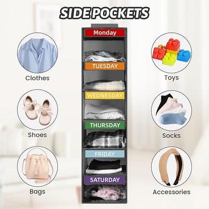 6-Shelf Weekly Clothes Organizer for Kids, Hanging Closet Organizer for Kids & Adults, Collapsible Hanging Closet Shelves, Monday-Saturday Days of The Week Clothes Shelves with 6 Side Pockets (Grey)