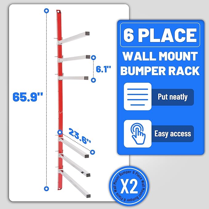 6 Place Wall Mount Bumper Rack Stand, Auto Body Bumper Storage Rack, Load 200LBS/Pair Arms, Adjustable Arms for More Scenarios, Such as Body Repair Parts Storage, Wood Lumber Storage - Red