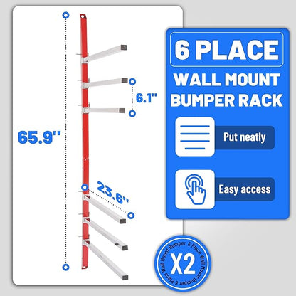 6 Place Wall Mount Bumper Rack Stand, Auto Body Bumper Storage Rack, Load 200LBS/Pair Arms, Adjustable Arms for More Scenarios, Such as Body Repair Parts Storage, Wood Lumber Storage - Red
