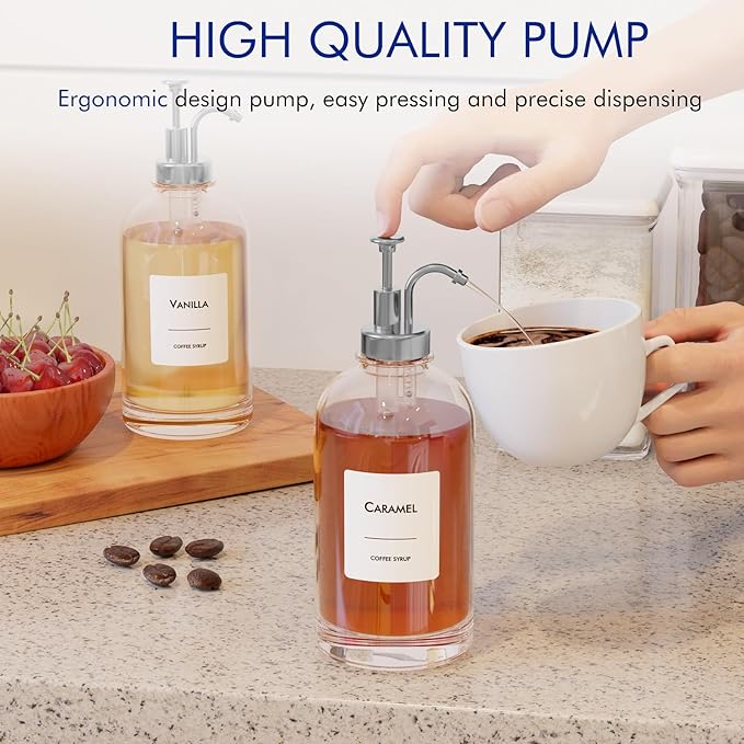 16.9 oz/500 ml Coffee Syrup Dispenser Set - 2 Glass Bottles with Silver Pumper and Syrup Labels - Precise Dispensing and Stylish Addition to Coffee Shop, Cafe or Home Bar