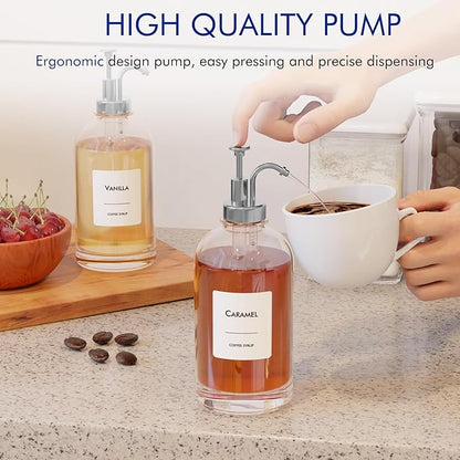 16.9 oz/500 ml Coffee Syrup Dispenser Set - 2 Glass Bottles with Silver Pumper and Syrup Labels - Precise Dispensing and Stylish Addition to Coffee Shop, Cafe or Home Bar