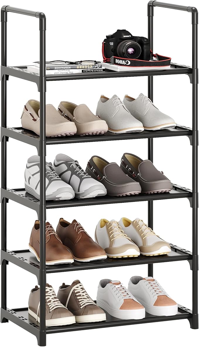 5-Tier Shoe Rack with Handrails, Stackable Narrow Shoe Storage for Entryway, 17.5" W x 11.4" D x 35.4" H, Space Saving Small Shoe Stand for Closet Hallway Dorm, Multi-Functional Shelf(Black)
