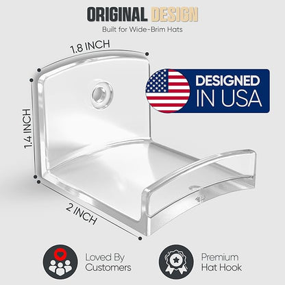 Modern JP Adhesive Hat Hooks for Wall (12-Pack) - Cowboy Hat Rack, Wide Brim Hat Organizer, Strong Hold Hat Hangers for Wall - Clear