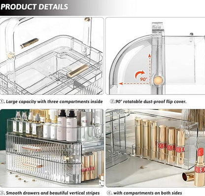 Clear Cosmetics Storage Box Transparent Lid Large Makeup Organizer Box Drawers Portable Handle Waterproof Dustproof Skincare Display Cases for Countertop Bathroom Dresser Gift
