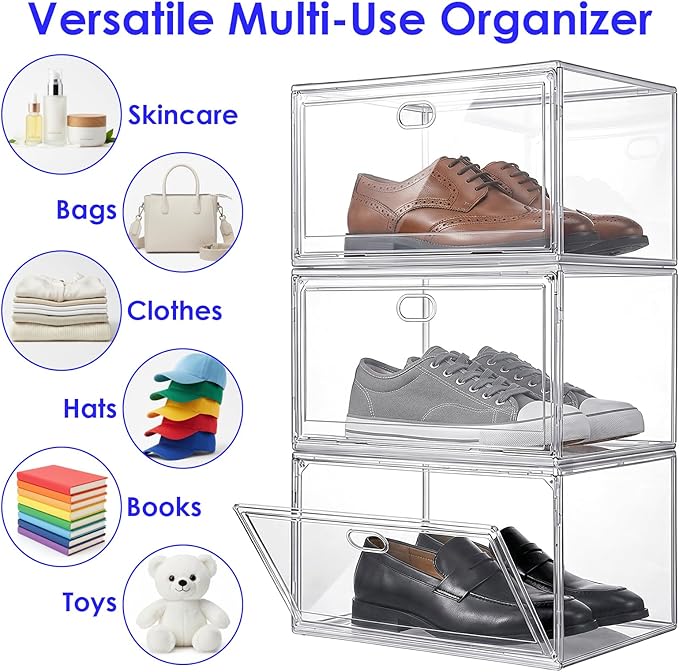 3-Pack Clear Stackable Shoe Display Cases – Large Plastic Storage Bins with Magnetic Door for Size 14 Sneakers, Organizer for Handbags, Collectibles & Closet