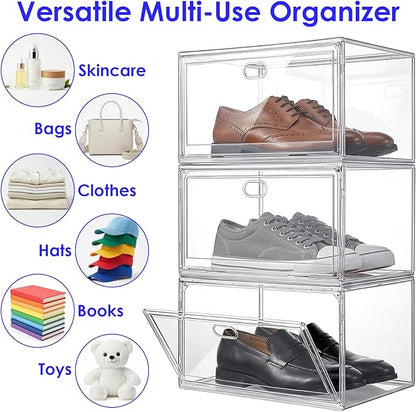 3-Pack Clear Stackable Shoe Display Cases – Large Plastic Storage Bins with Magnetic Door for Size 14 Sneakers, Organizer for Handbags, Collectibles & Closet
