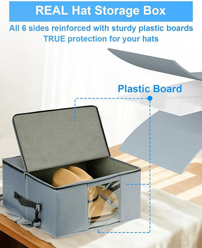 Large Cowboy Hat Storage Box with All Around Hardboard Support, Stackable, Crush-Proof, Dust-Proof Hat Carrying Case for Home & Travel, Rigid Hat Carrier Fits Up to 16" Wide Brim Hats, Grey