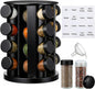 Yungyan Black Rotating Spice Rack Seasoning Organizer with 16 Empty Jars, Spice Containers Set with Labels and Funnel, Revolving Seasoning Rack for Kitchen Accessories (Stainless Steel,Glass)