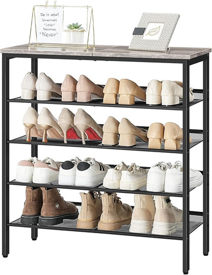 HOOBRO Shoe Rack for Entryway, 5-Tier Shoe Organizer with Adjustable Mesh Shelves, 16-20 Pairs of Shoes, Spacious Floor Mount, Metal, Industrial, Shoe Shelf for Closet, Greige BG12XJ01
