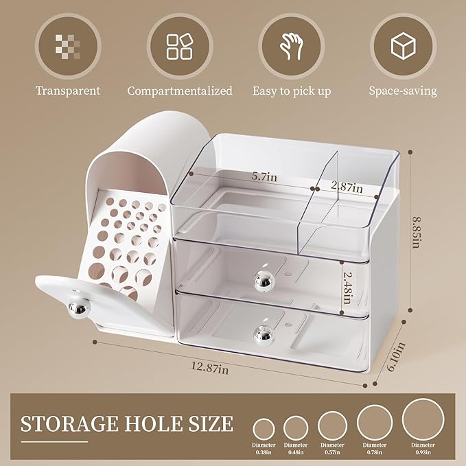Makeup Organizer with Brush Holder for Vanity, Large Cosmetic Display Cases with 2 Drawers, Skincare Organizer for Bathroom Countertop, White