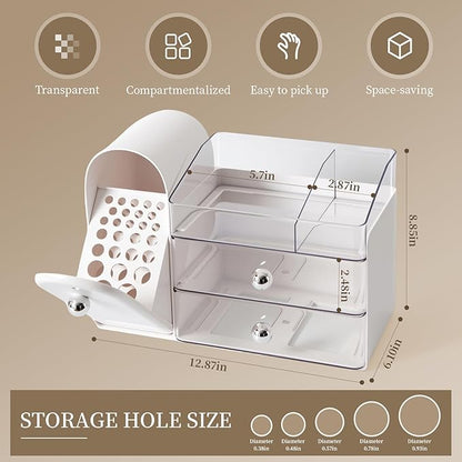 Makeup Organizer with Brush Holder for Vanity, Large Cosmetic Display Cases with 2 Drawers, Skincare Organizer for Bathroom Countertop, White