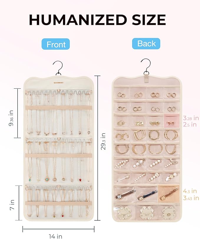 BAGSMART Hanging Jewelry Organizer Storage with Hanger Metal Hooks Double-Sided Jewelry Holder for Earrings, Necklaces, Rings on Closet, Wall, Door, 1 piece Large Beige